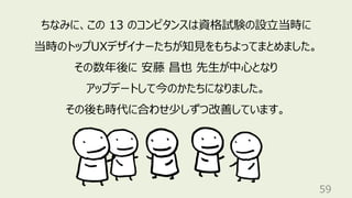 59
ちなみに、この 13 のコンピタンスは資格試験の設⽴当時に
当時のトップUXデザイナーたちが知⾒をもちよってまとめました。
その数年後に 安藤 昌也 先⽣が中⼼となり
アップデートして今のかたちになりました。
その後も時代に合わせ少しずつ改善しています。
 