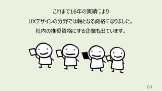 64
これまで16年の実績により
UXデザインの分野では軸となる資格になりました。
社内の推奨資格にする企業も出ています。
 