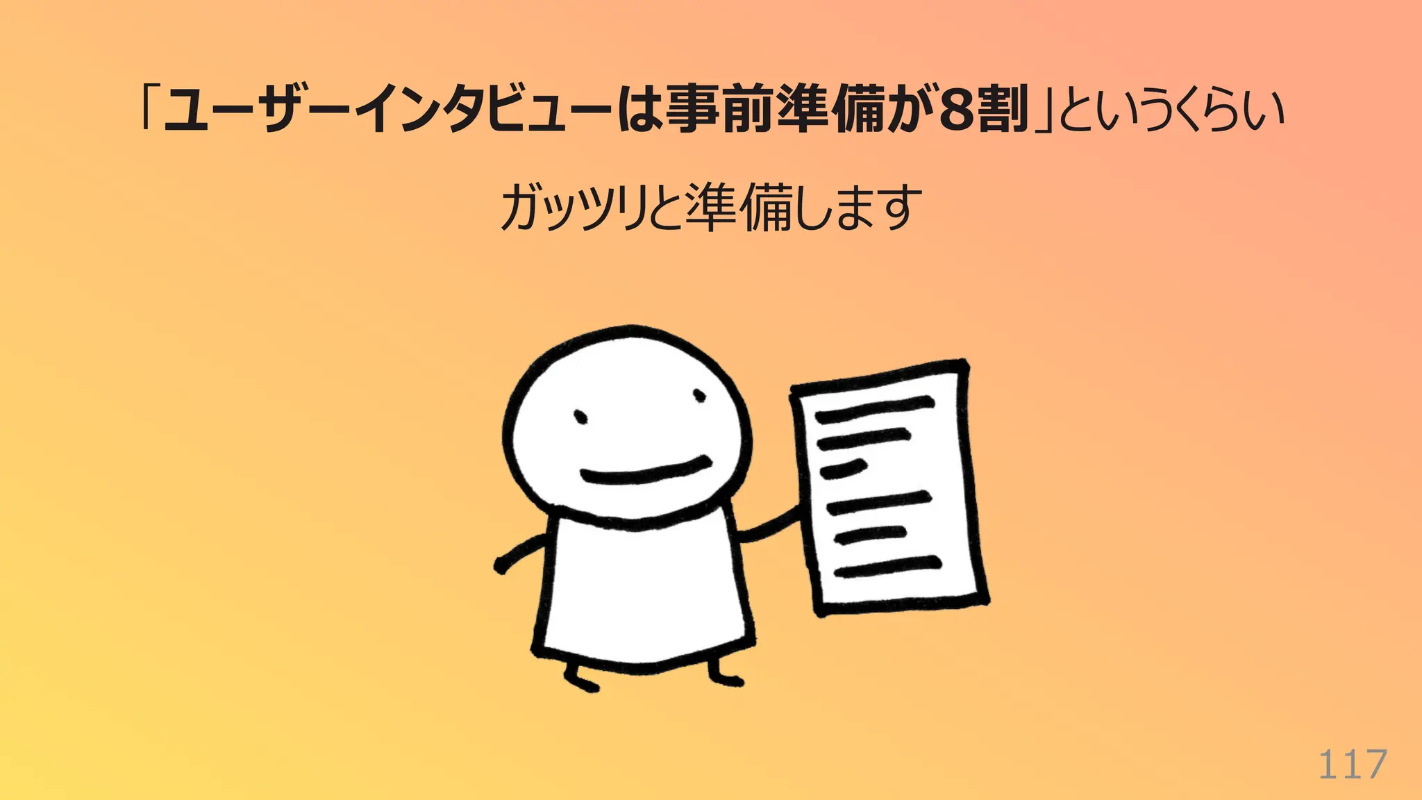 117
「ユーザーインタビューは事前準備が8割」というくらい
ガッツリと準備します
 