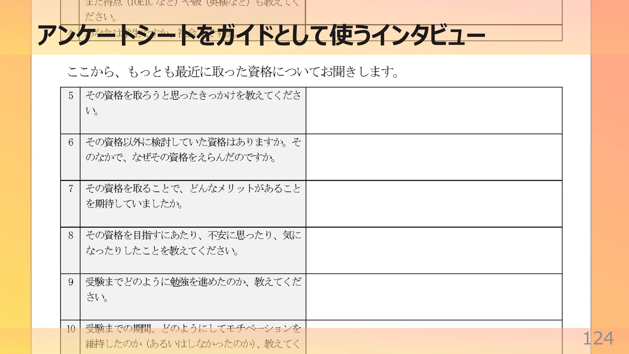 アンケートシートをガイドとして使うインタビュー
124
 