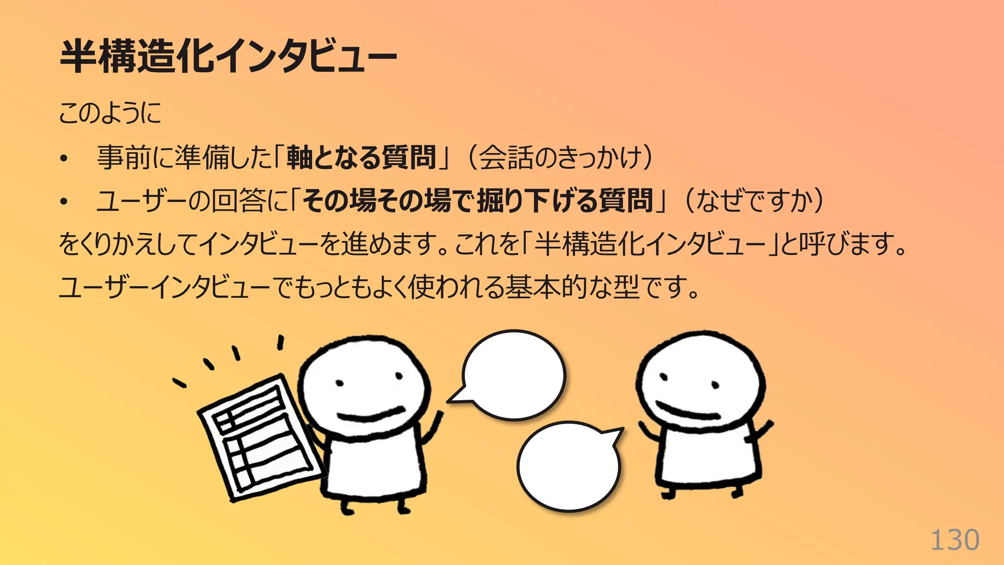 半構造化インタビュー
130
このように
• 事前に準備した「軸となる質問」（会話のきっかけ）
• ユーザーの回答に「その場その場で掘り下げる質問」（なぜですか）
をくりかえしてインタビューを進めます。これを「半構造化インタビュー」と呼びます。
ユーザーインタビューでもっともよく使われる基本的な型です。
 