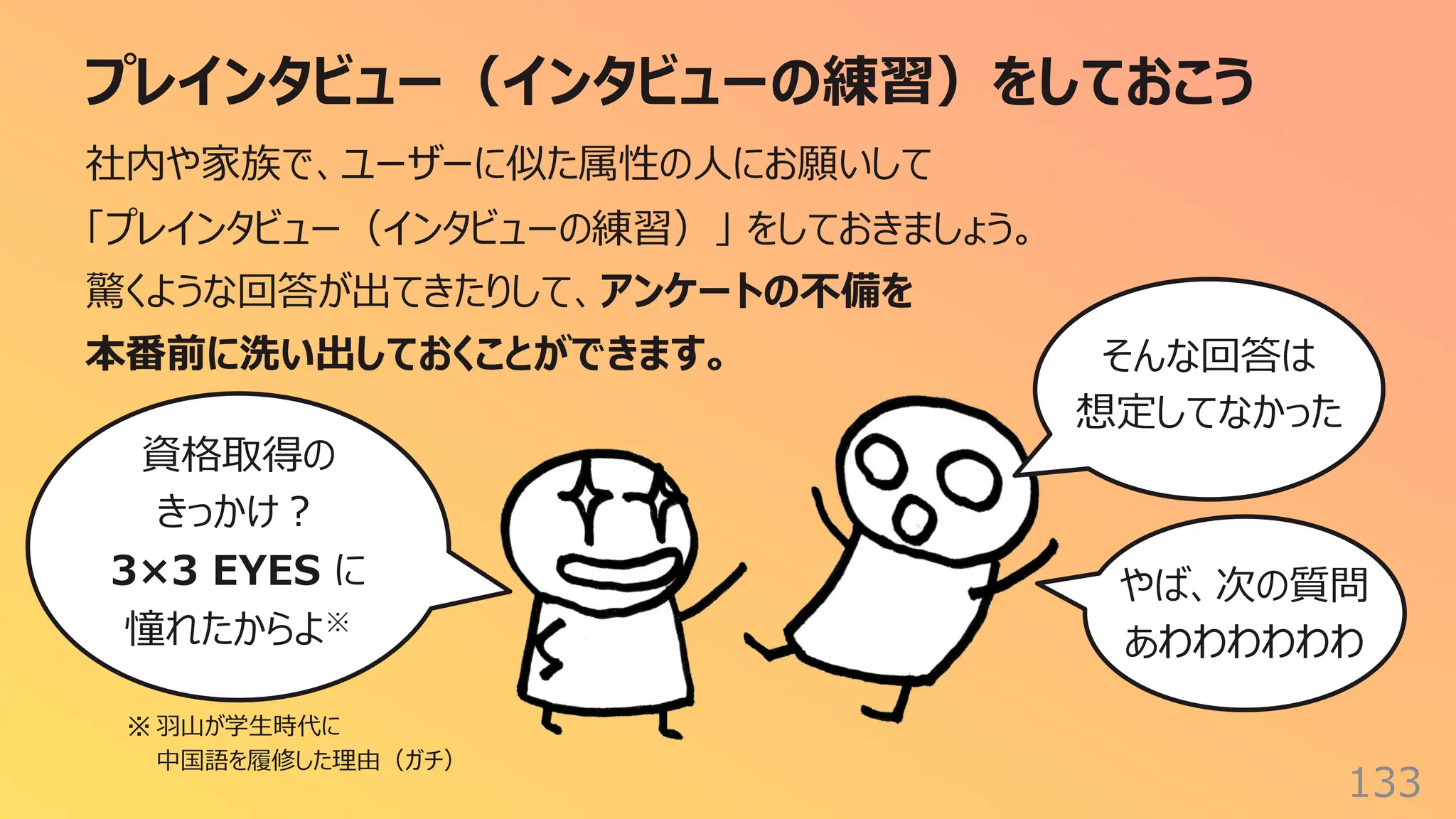 プレインタビュー（インタビューの練習）をしておこう
133
社内や家族で、ユーザーに似た属性の⼈にお願いして
「プレインタビュー（インタビューの練習）」 をしておきましょう。
驚くような回答が出てきたりして、アンケートの不備を
本番前に洗い出しておくことができます。
資格取得の
きっかけ︖
3×3 EYES に
憧れたからよ※
※ ⽻⼭が学⽣時代に
中国語を履修した理由（ガチ）
そんな回答は
想定してなかった
やば、次の質問
あわわわわわわ
 