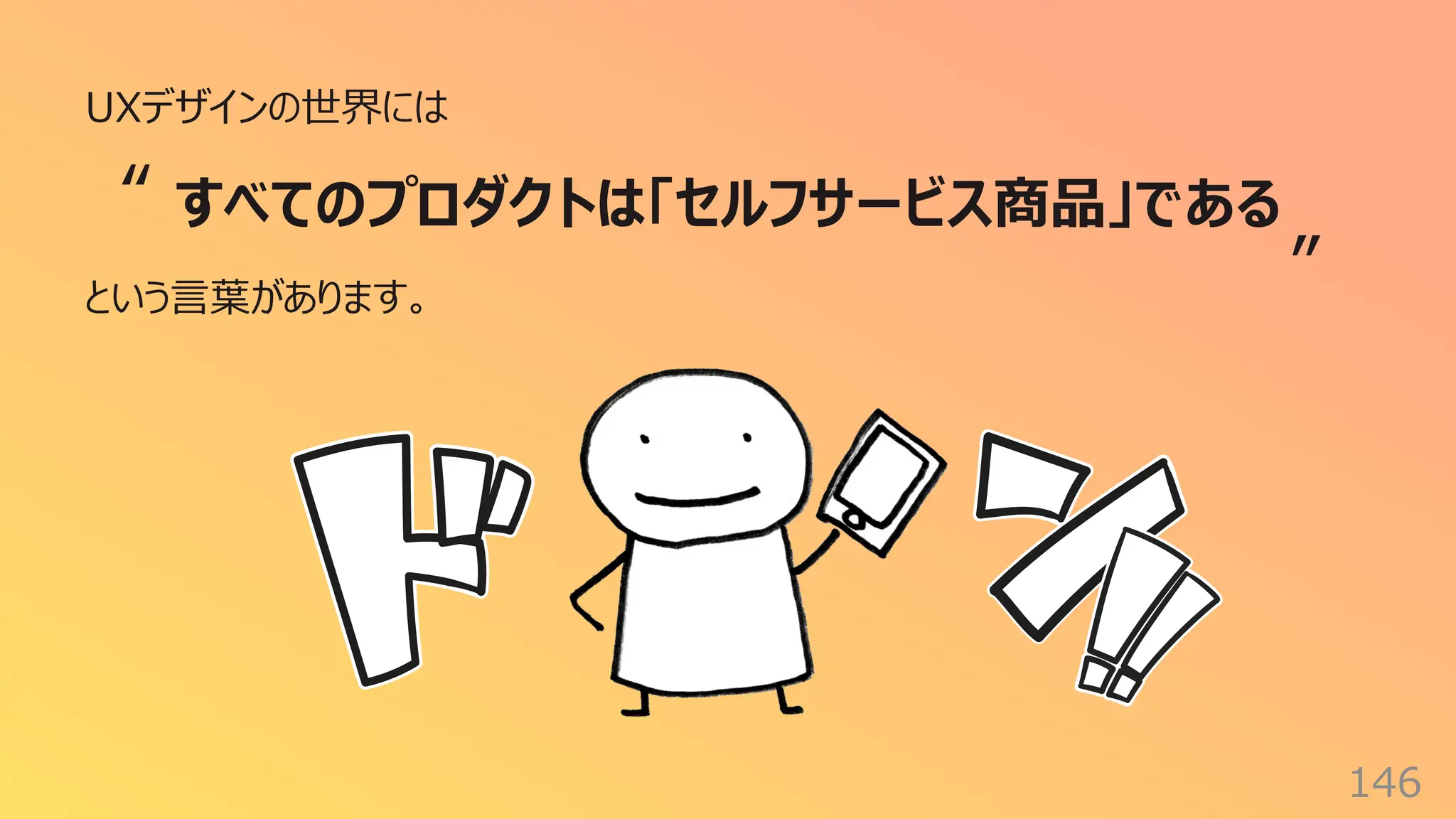 146
UXデザインの世界には
という⾔葉があります。
すべてのプロダクトは「セルフサービス商品」である
“
”
 