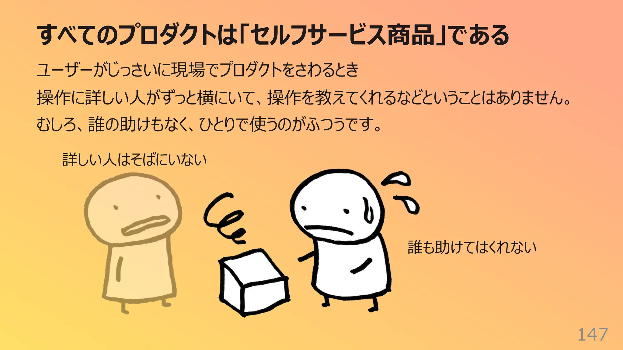 すべてのプロダクトは「セルフサービス商品」である
147
ユーザーがじっさいに現場でプロダクトをさわるとき
操作に詳しい⼈がずっと横にいて、操作を教えてくれるなどということはありません。
むしろ、誰の助けもなく、ひとりで使うのがふつうです。
誰も助けてはくれない
詳しい⼈はそばにいない
 