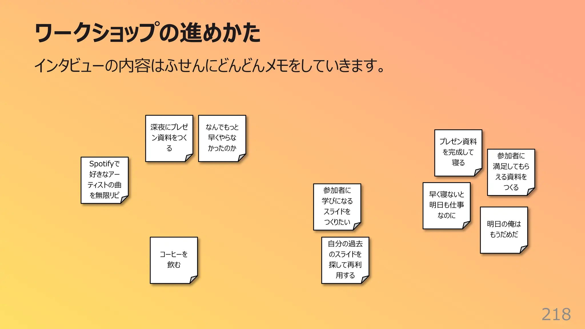 ワークショップの進めかた
218
インタビューの内容はふせんにどんどんメモをしていきます。
深夜にプレゼ
ン資料をつく
る
プレゼン資料
を完成して
寝る
早く寝ないと
明⽇も仕事
なのに
⾃分の過去
のスライドを
探して再利
⽤する
コーヒーを
飲む
Spotifyで
好きなアー
ティストの曲
を無限リピ
なんでもっと
早くやらな
かったのか
明⽇の俺は
もうだめだ
参加者に
学びになる
スライドを
つくりたい
参加者に
満⾜してもら
える資料を
つくる
 