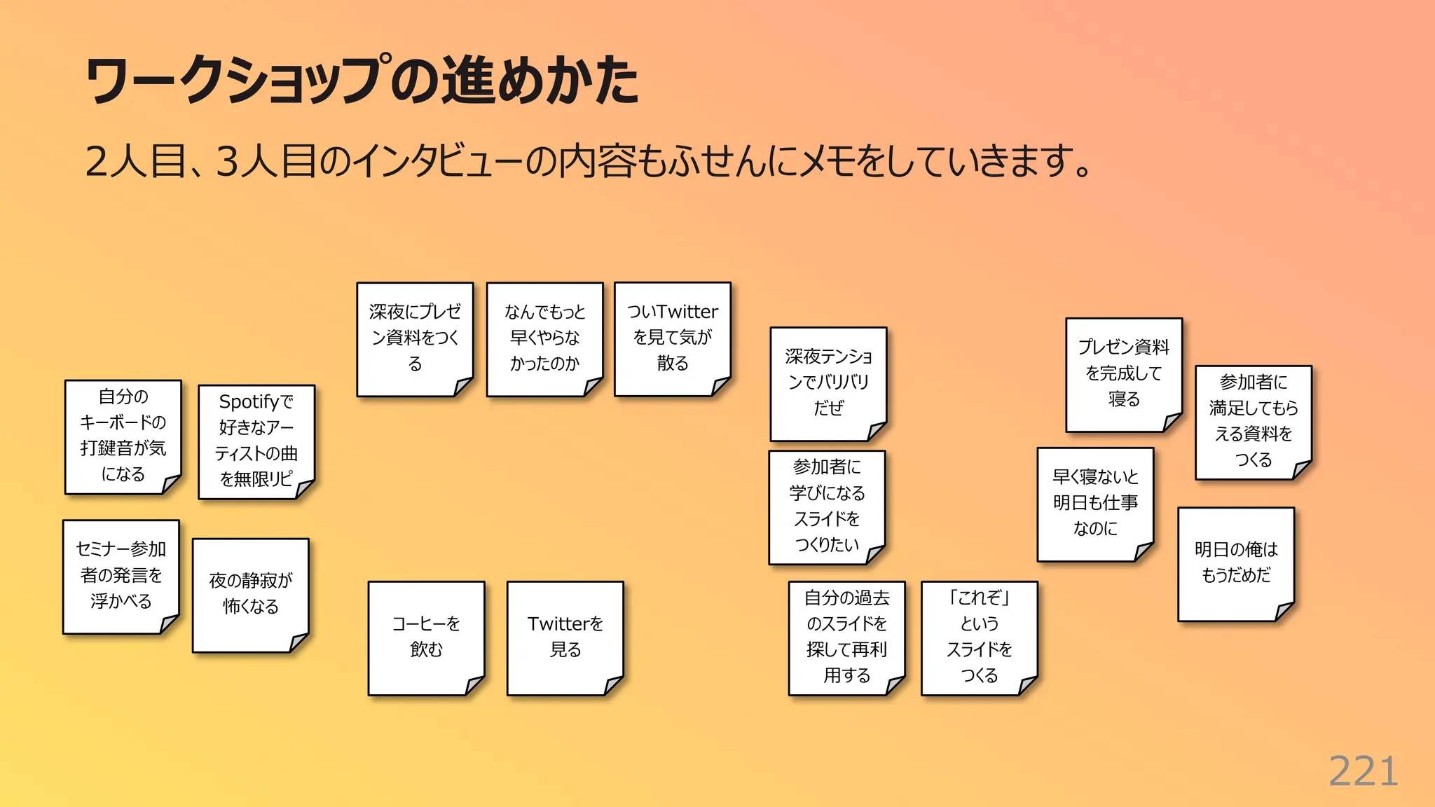 ワークショップの進めかた
221
2⼈⽬、3⼈⽬のインタビューの内容もふせんにメモをしていきます。
深夜にプレゼ
ン資料をつく
る
プレゼン資料
を完成して
寝る
「これぞ」
という
スライドを
つくる
早く寝ないと
明⽇も仕事
なのに
⾃分の過去
のスライドを
探して再利
⽤する
Twitterを
⾒る
コーヒーを
飲む
Spotifyで
好きなアー
ティストの曲
を無限リピ
夜の静寂が
怖くなる
⾃分の
キーボードの
打鍵⾳が気
になる
ついTwitter
を⾒て気が
散る 深夜テンショ
ンでバリバリ
だぜ
なんでもっと
早くやらな
かったのか
明⽇の俺は
もうだめだ
参加者に
学びになる
スライドを
つくりたい
セミナー参加
者の発⾔を
浮かべる
参加者に
満⾜してもら
える資料を
つくる
 