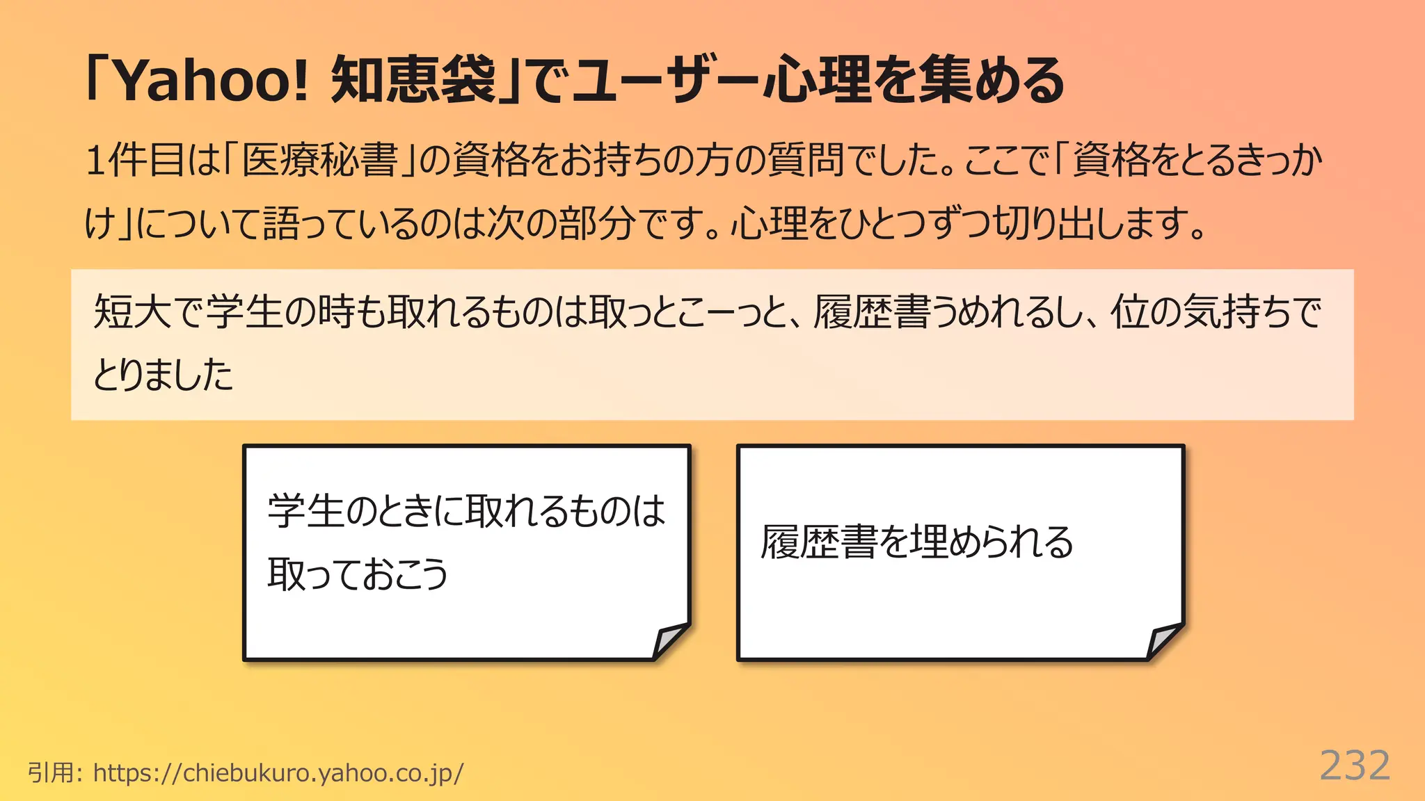 「Yahoo! 知恵袋」でユーザー⼼理を集める
232
引⽤: https://chiebukuro.yahoo.co.jp/
1件⽬は「医療秘書」の資格をお持ちの⽅の質問でした。ここで「資格をとるきっか
け」について語っているのは次の部分です。⼼理をひとつずつ切り出します。
短⼤で学⽣の時も取れるものは取っとこーっと、履歴書うめれるし、位の気持ちで
とりました
学⽣のときに取れるものは
取っておこう
履歴書を埋められる
 