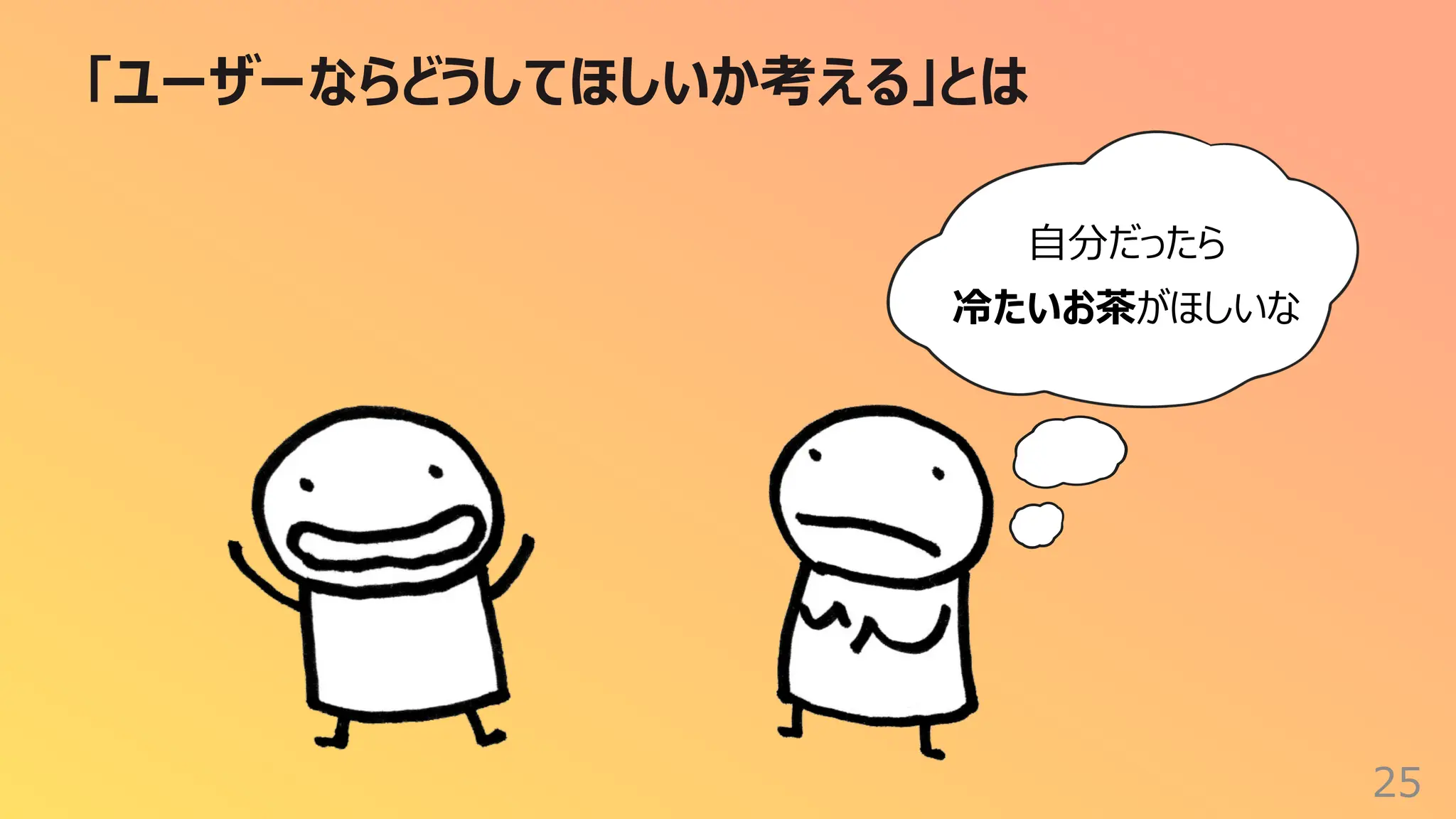 「ユーザーならどうしてほしいか考える」とは
25
⾃分だったら
冷たいお茶がほしいな
 