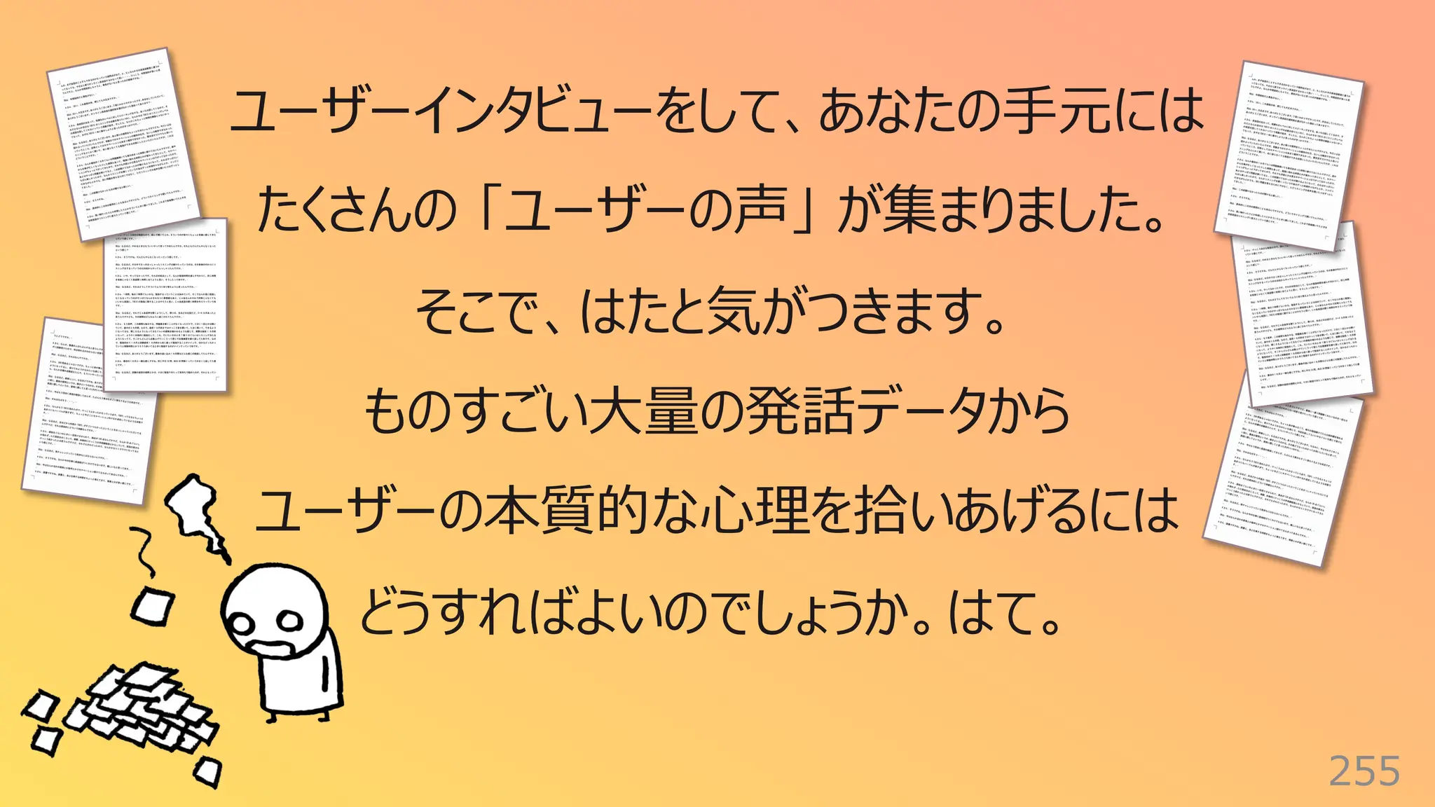 255
ユーザーインタビューをして、あなたの⼿元には
たくさんの 「ユーザーの声」 が集まりました。
そこで、はたと気がつきます。
ものすごい⼤量の発話データから
ユーザーの本質的な⼼理を拾いあげるには
どうすればよいのでしょうか。はて。
 