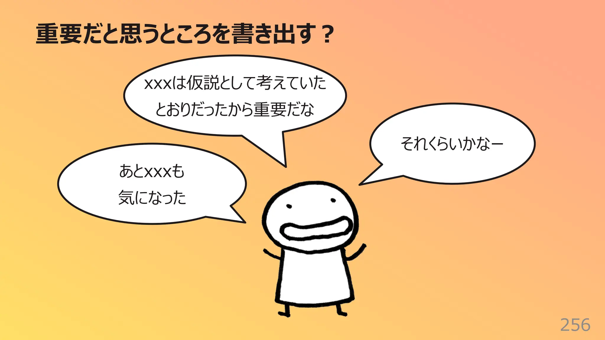 重要だと思うところを書き出す︖
256
あとxxxも
気になった
xxxは仮説として考えていた
とおりだったから重要だな
それくらいかなー
 