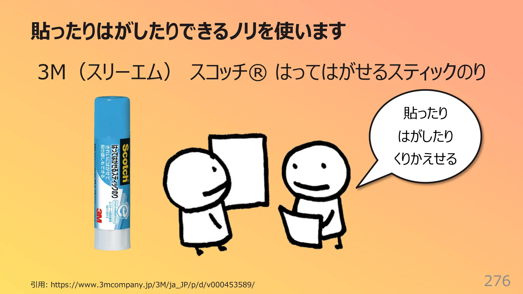 貼ったりはがしたりできるノリを使います
276
3M（スリーエム） スコッチ® はってはがせるスティックのり
引⽤: https://www.3mcompany.jp/3M/ja_JP/p/d/v000453589/
貼ったり
はがしたり
くりかえせる
 