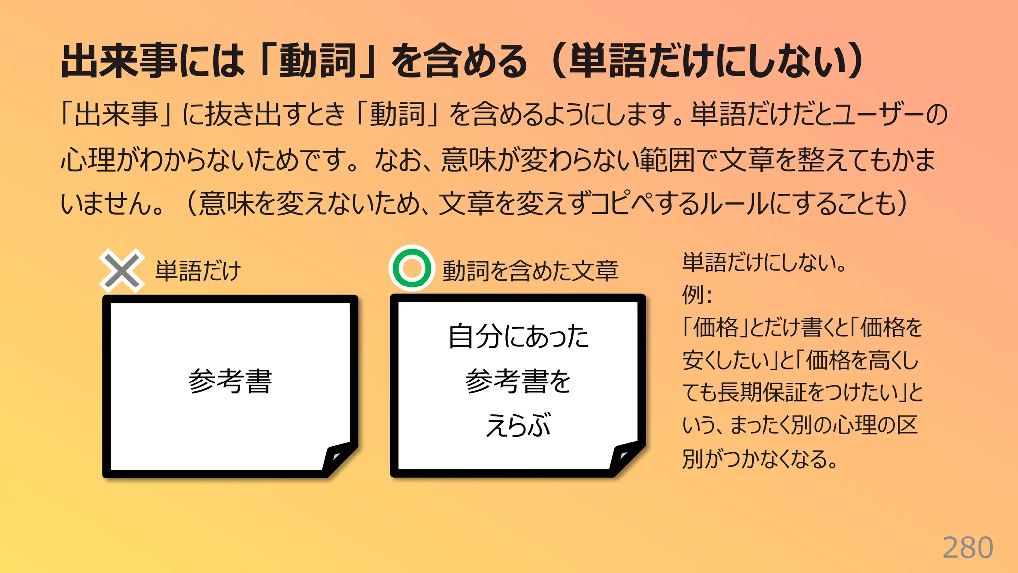出来事には 「動詞」 を含める（単語だけにしない）
280
「出来事」 に抜き出すとき 「動詞」 を含めるようにします。単語だけだとユーザーの
⼼理がわからないためです。 なお、意味が変わらない範囲で⽂章を整えてもかま
いません。（意味を変えないため、⽂章を変えずコピペするルールにすることも）
参考書
⾃分にあった
参考書を
えらぶ
単語だけ 動詞を含めた⽂章 単語だけにしない。
例:
「価格」とだけ書くと「価格を
安くしたい」と「価格を⾼くし
ても⻑期保証をつけたい」と
いう、まったく別の⼼理の区
別がつかなくなる。
 