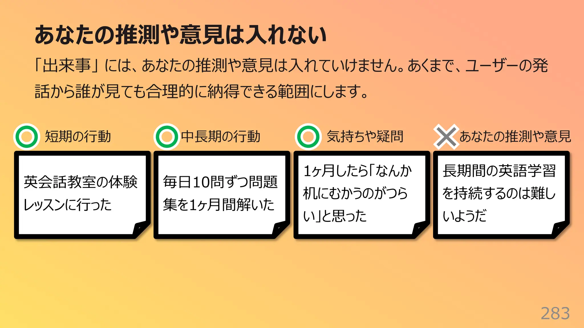 あなたの推測や意⾒は⼊れない
283
「出来事」 には、あなたの推測や意⾒は⼊れていけません。あくまで、ユーザーの発
話から誰が⾒ても合理的に納得できる範囲にします。
英会話教室の体験
レッスンに⾏った
毎⽇10問ずつ問題
集を1ヶ⽉間解いた
⻑期間の英語学習
を持続するのは難し
いようだ
1ヶ⽉したら「なんか
机にむかうのがつら
い」と思った
短期の⾏動 中⻑期の⾏動 気持ちや疑問 あなたの推測や意⾒
 