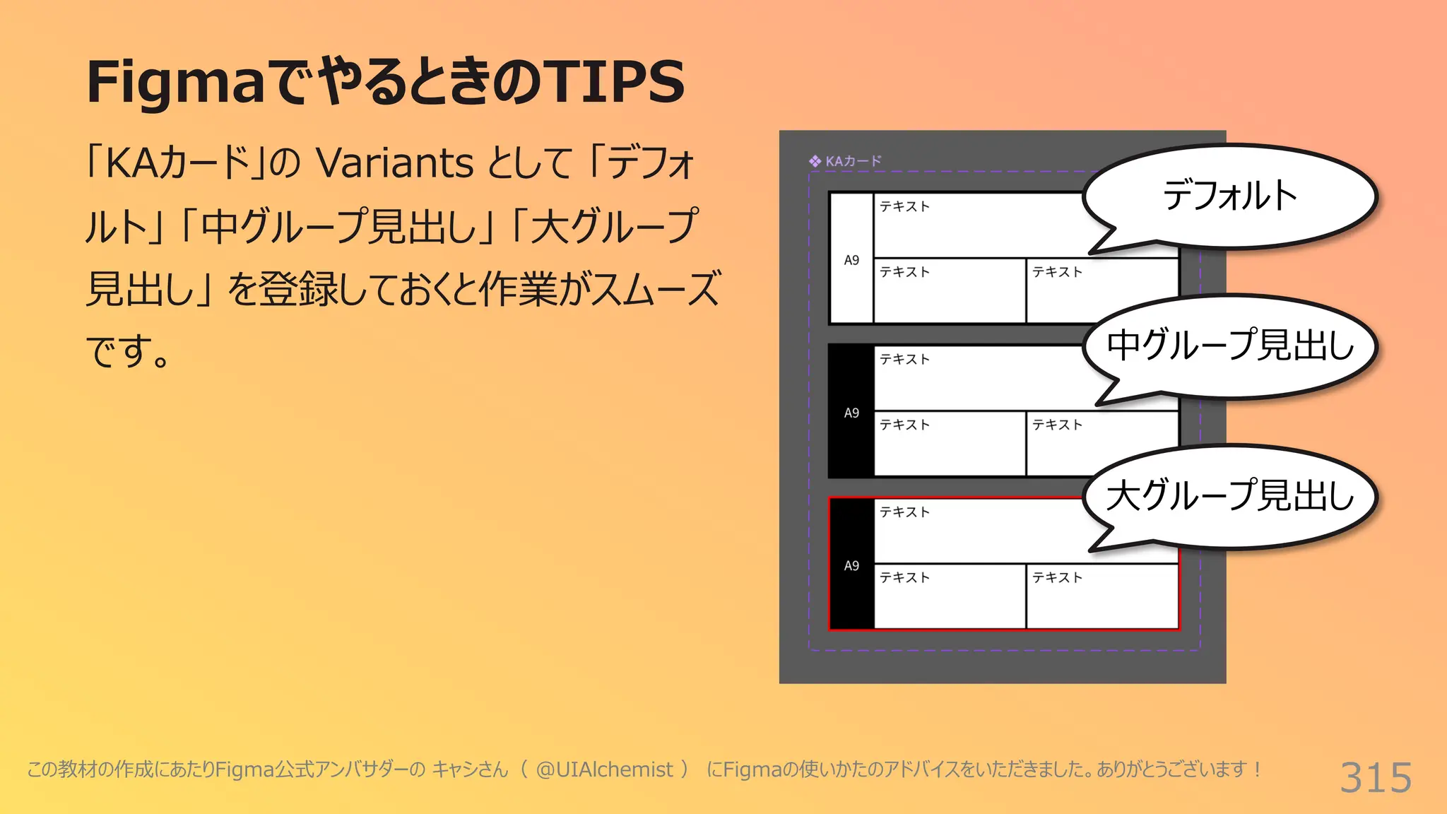 FigmaでやるときのTIPS
315
「KAカード」の Variants として 「デフォ
ルト」 「中グループ⾒出し」 「⼤グループ
⾒出し」 を登録しておくと作業がスムーズ
です。
デフォルト
中グループ⾒出し
⼤グループ⾒出し
この教材の作成にあたりFigma公式アンバサダーの キャシさん（ @UIAlchemist ） にFigmaの使いかたのアドバイスをいただきました。ありがとうございます︕
 