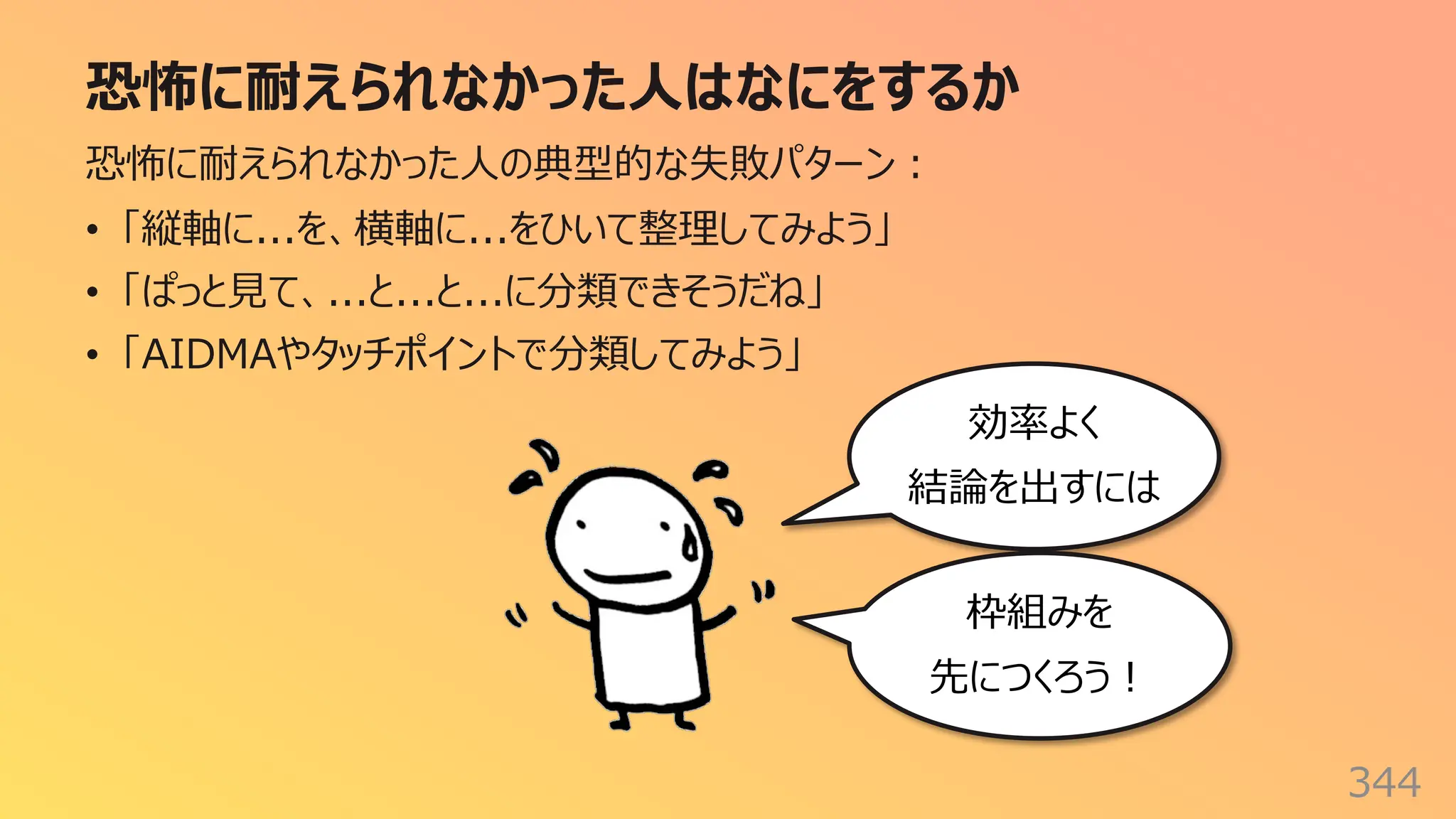恐怖に耐えられなかった⼈はなにをするか
344
恐怖に耐えられなかった⼈の典型的な失敗パターン︓
• 「縦軸に...を、横軸に...をひいて整理してみよう」
• 「ぱっと⾒て、...と...と...に分類できそうだね」
• 「AIDMAやタッチポイントで分類してみよう」
効率よく
結論を出すには
枠組みを
先につくろう︕
 