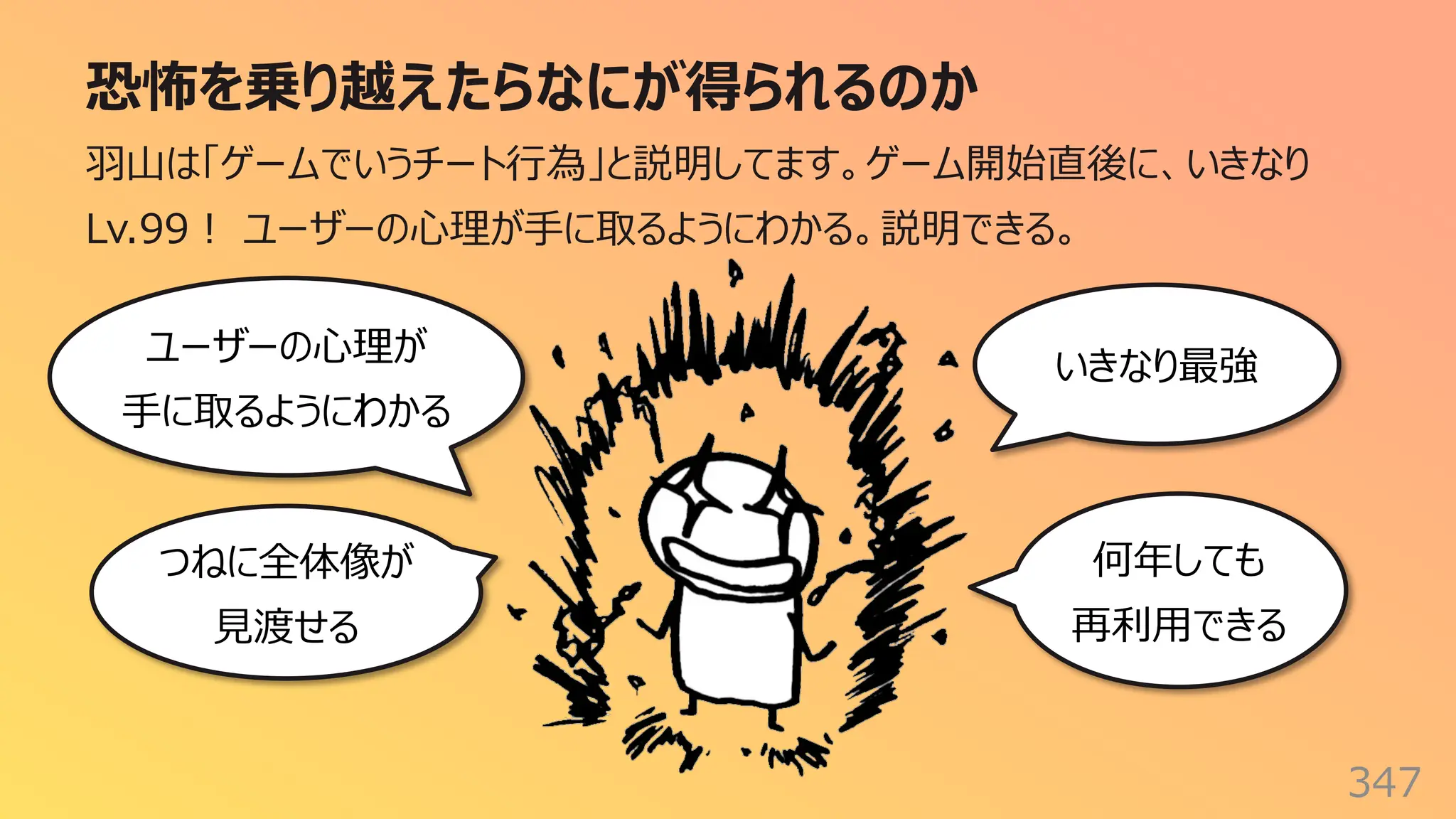 恐怖を乗り越えたらなにが得られるのか
347
⽻⼭は「ゲームでいうチート⾏為」と説明してます。ゲーム開始直後に、いきなり
Lv.99︕ ユーザーの⼼理が⼿に取るようにわかる。説明できる。
いきなり最強
ユーザーの⼼理が
⼿に取るようにわかる
何年しても
再利⽤できる
つねに全体像が
⾒渡せる
 