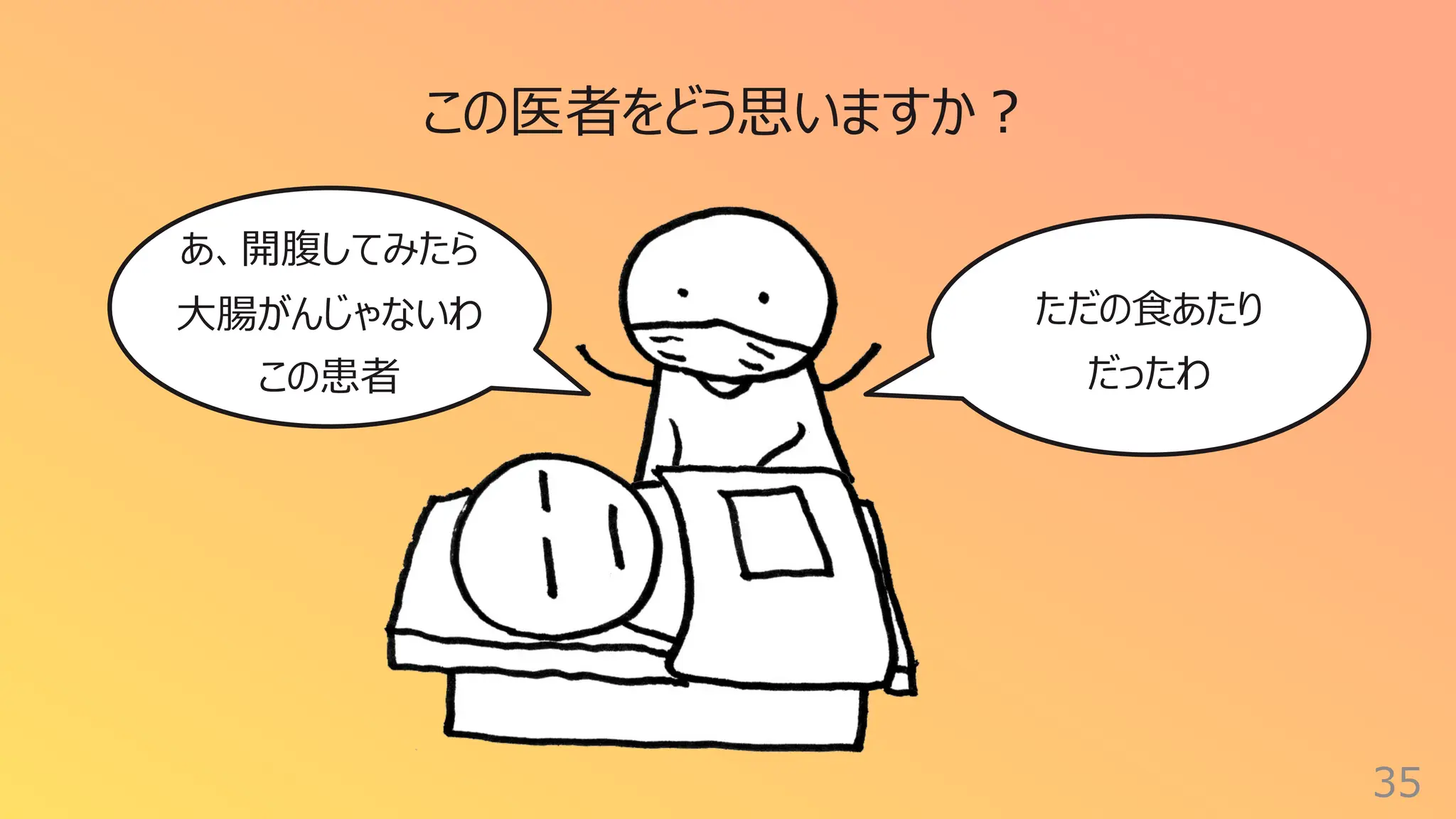 35
ただの⾷あたり
だったわ
この医者をどう思いますか︖
あ、開腹してみたら
⼤腸がんじゃないわ
この患者
 