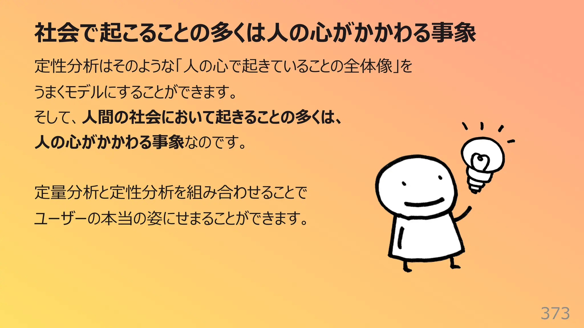社会で起こることの多くは⼈の⼼がかかわる事象
373
定性分析はそのような「⼈の⼼で起きていることの全体像」を
うまくモデルにすることができます。
そして、⼈間の社会において起きることの多くは、
⼈の⼼がかかわる事象なのです。
定量分析と定性分析を組み合わせることで
ユーザーの本当の姿にせまることができます。
 
