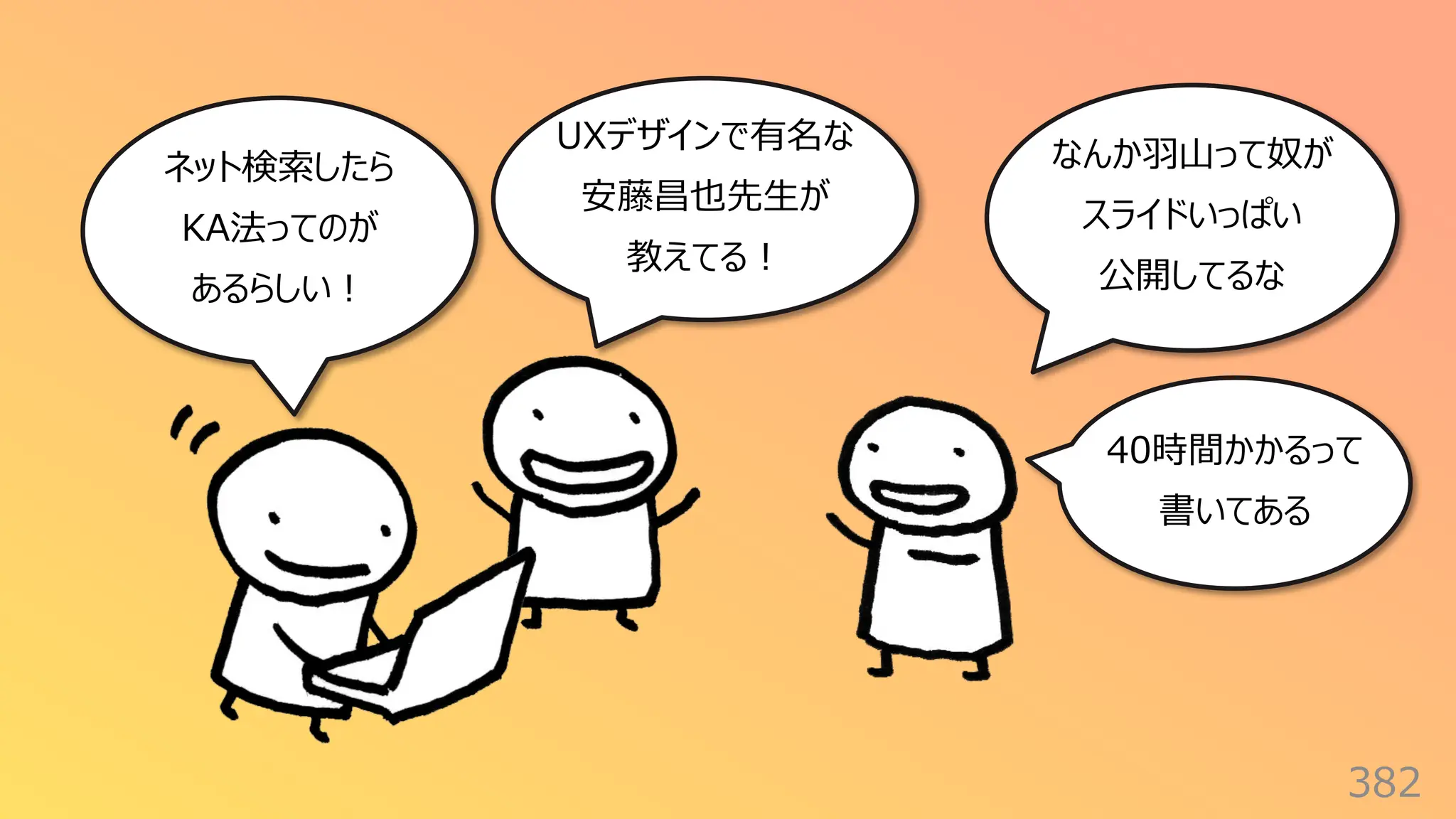 382
ネット検索したら
KA法ってのが
あるらしい︕
UXデザインで有名な
安藤昌也先⽣が
教えてる︕
なんか⽻⼭って奴が
スライドいっぱい
公開してるな
40時間かかるって
書いてある
 