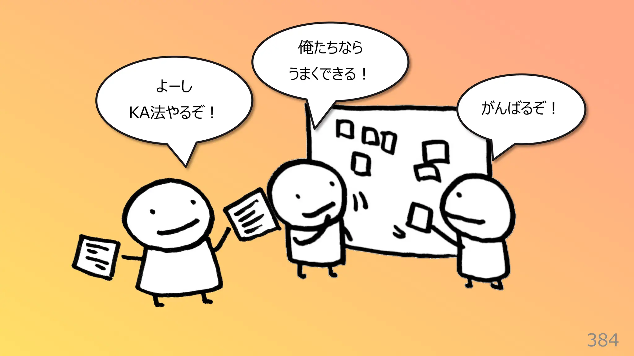 384
よーし
KA法やるぞ︕ がんばるぞ︕
俺たちなら
うまくできる︕
 