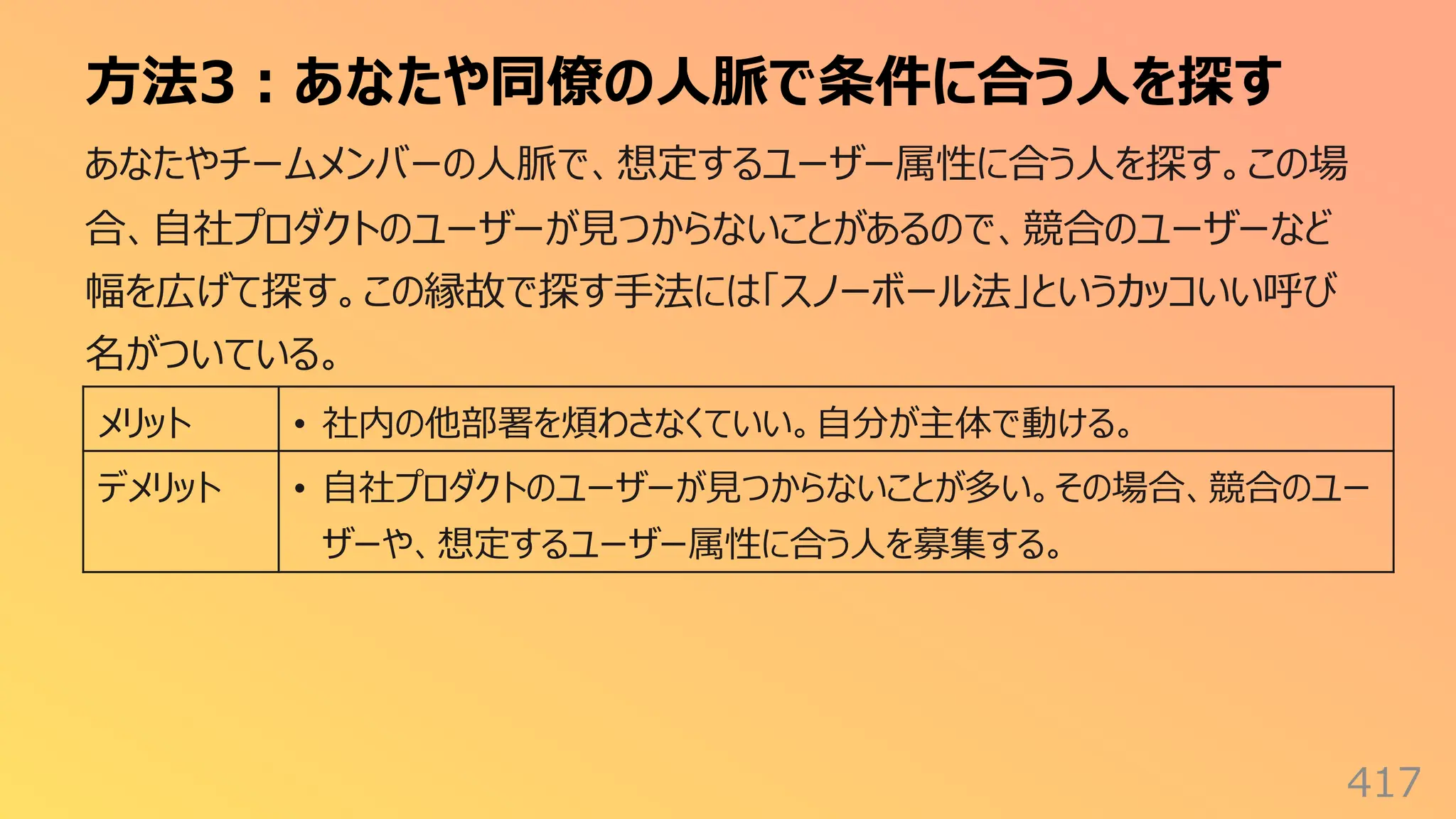 ⽅法3︓あなたや同僚の⼈脈で条件に合う⼈を探す
417
あなたやチームメンバーの⼈脈で、想定するユーザー属性に合う⼈を探す。この場
合、⾃社プロダクトのユーザーが⾒つからないことがあるので、競合のユーザーなど
幅を広げて探す。この縁故で探す⼿法には「スノーボール法」というカッコいい呼び
名がついている。
メリット • 社内の他部署を煩わさなくていい。⾃分が主体で動ける。
デメリット • ⾃社プロダクトのユーザーが⾒つからないことが多い。その場合、競合のユー
ザーや、想定するユーザー属性に合う⼈を募集する。
 