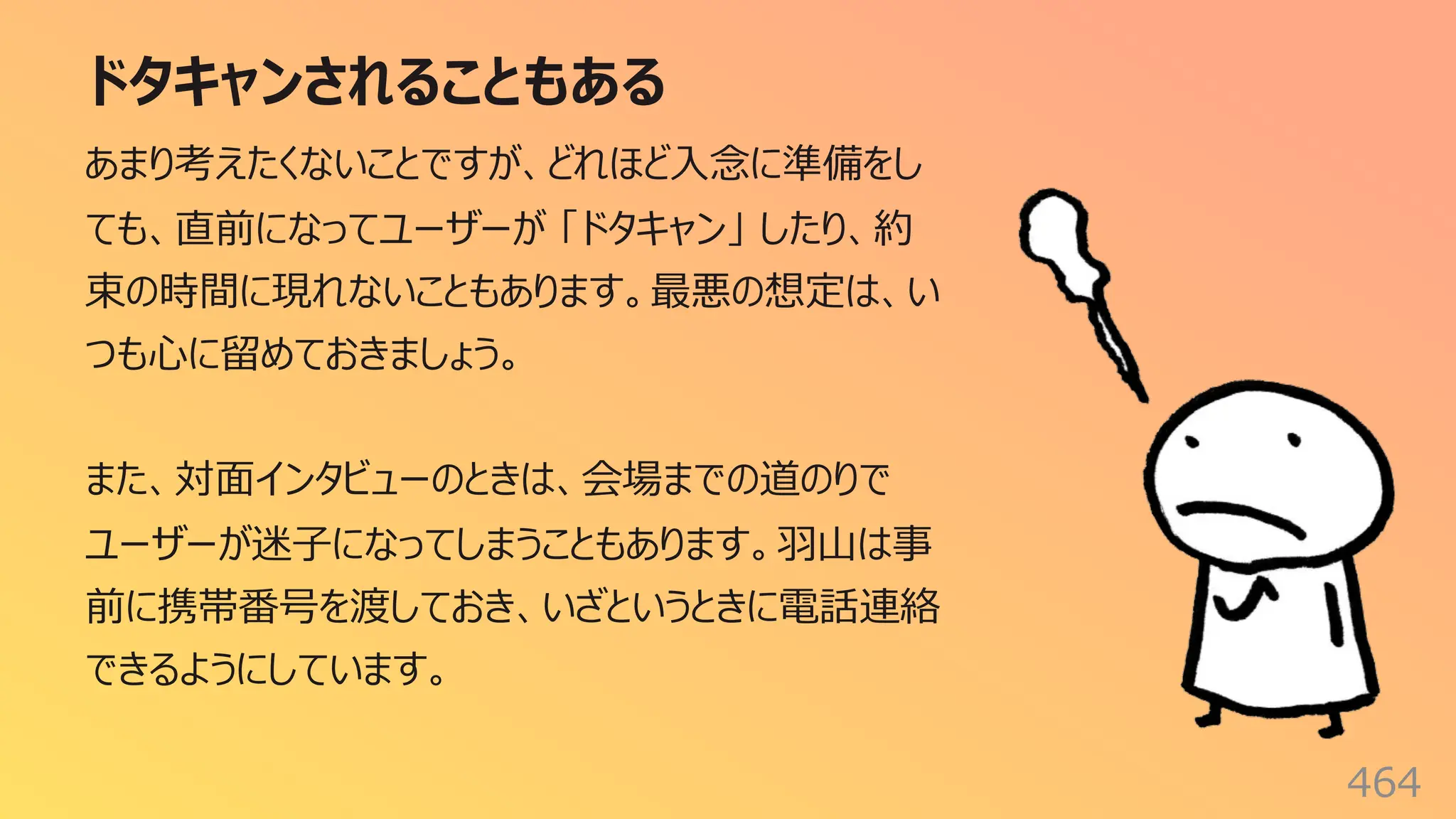 ドタキャンされることもある
464
あまり考えたくないことですが、どれほど⼊念に準備をし
ても、直前になってユーザーが 「ドタキャン」 したり、約
束の時間に現れないこともあります。最悪の想定は、い
つも⼼に留めておきましょう。
また、対⾯インタビューのときは、会場までの道のりで
ユーザーが迷⼦になってしまうこともあります。⽻⼭は事
前に携帯番号を渡しておき、いざというときに電話連絡
できるようにしています。
 