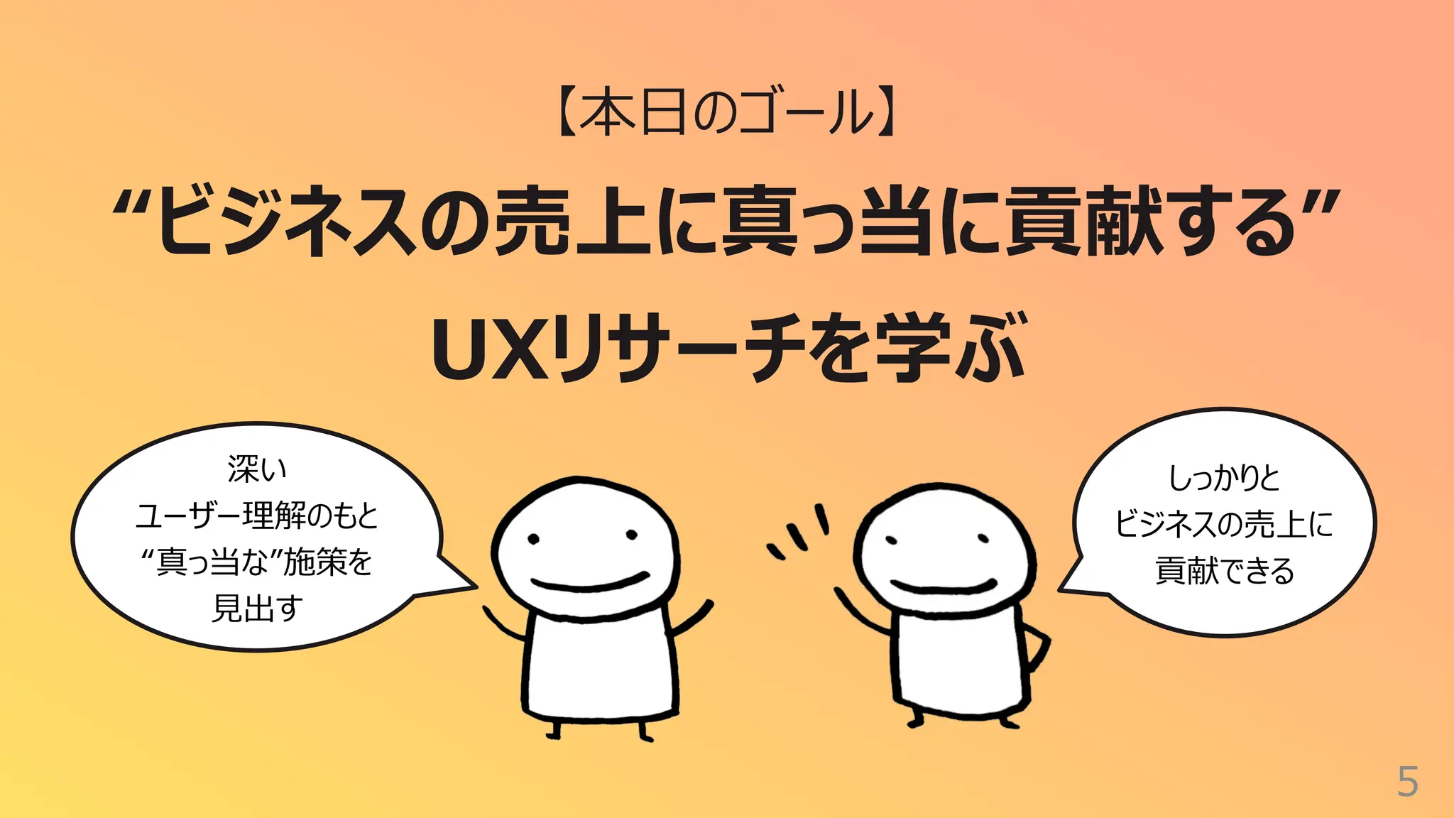 5
【本⽇のゴール】
“ビジネスの売上に真っ当に貢献する”
UXリサーチを学ぶ
深い
ユーザー理解のもと
“真っ当な”施策を
⾒出す
しっかりと
ビジネスの売上に
貢献できる
 