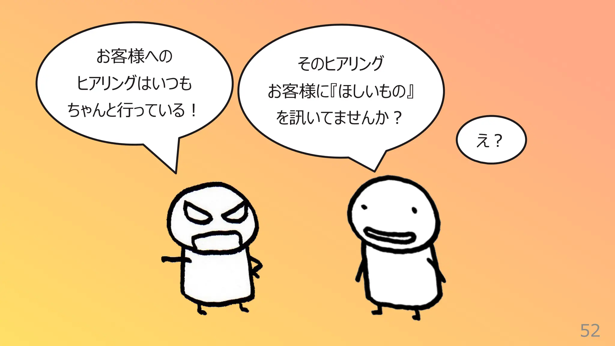 52
お客様への
ヒアリングはいつも
ちゃんと⾏っている︕
そのヒアリング
お客様に『ほしいもの』
を訊いてませんか︖
え︖
 