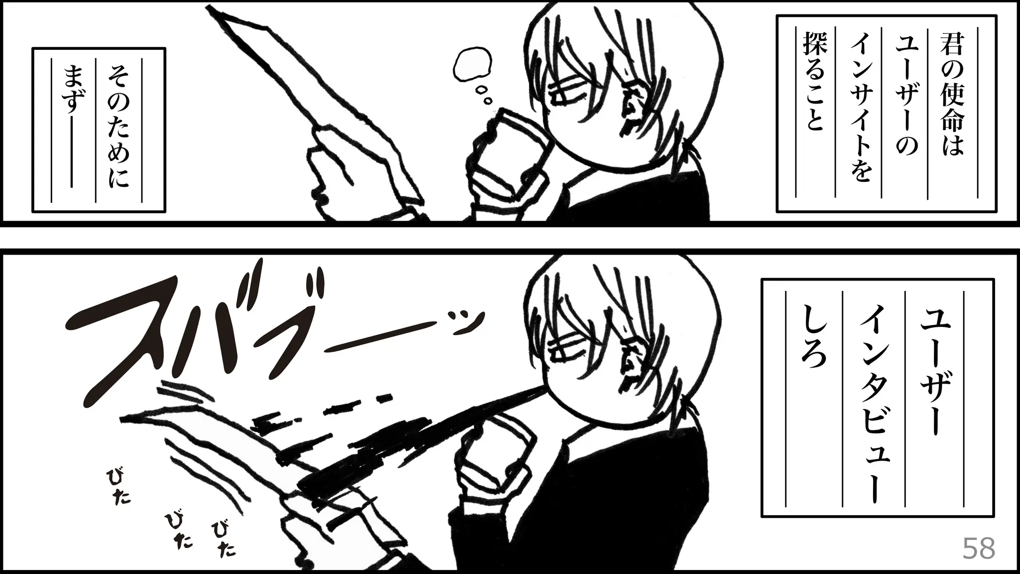 君
の
使
命
は
ユ
ー
ザ
ー
の
イ
ン
サ
イ
ト
を
探
る
こ
と
そ
の
た
め
に
ま
ず
ユ
ー
ザ
ー
イ
ン
タ
ビ
ュ
ー
し
ろ
58
 