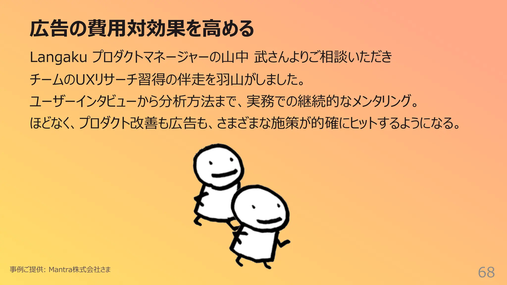 広告の費⽤対効果を⾼める
68
Langaku プロダクトマネージャーの⼭中 武さんよりご相談いただき
チームのUXリサーチ習得の伴⾛を⽻⼭がしました。
ユーザーインタビューから分析⽅法まで、実務での継続的なメンタリング。
ほどなく、プロダクト改善も広告も、さまざまな施策が的確にヒットするようになる。
事例ご提供: Mantra株式会社さま
 