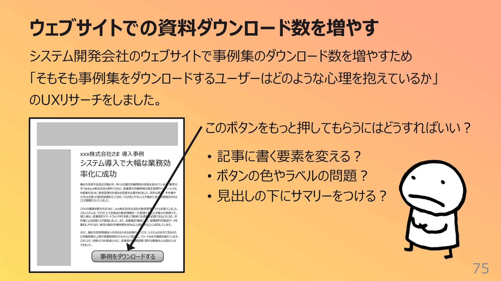 ウェブサイトでの資料ダウンロード数を増やす
75
システム開発会社のウェブサイトで事例集のダウンロード数を増やすため
「そもそも事例集をダウンロードするユーザーはどのような⼼理を抱えているか」
のUXリサーチをしました。
事例をダウンロードする
このボタンをもっと押してもらうにはどうすればいい︖
xxx株式会社さま 導⼊事例
システム導⼊で⼤幅な業務効
率化に成功
働き⽅改⾰や法改正が進む中、多くの企業が労働環境の改善を迫られています。業界⼤
⼿であるxxx株式会社も例外ではなく、従業員の労働時間の適正管理やペーパーレス化
を推進するため、勤怠管理の仕組みを⾒直す必要がありました。同社は⻑年、⼿作業や
エクセルを使った勤怠管理を⾏っており、ミスが⽣じやすいことや集計に多⼤な時間がかかる
ことが課題となっていました。
これらの課題を解決するために、xxx株式会社は当社の勤怠管理システムを導⼊しました。
このシステムは、クラウド上で全拠点の勤怠情報を⼀元管理できることが最⼤の特徴です。
導⼊後は、従業員がスマートフォンやPCを使って簡単に出退勤を記録できるようになり、⼿
作業による記録ミスが激減しました。また、⾃動集計機能により、経理部⾨が勤怠データを
集約しやすくなり、毎⽉の集計作業時間を50%以上削減することに成功しています。
さらに、働き⽅改⾰関連法への対応も⼤きな成果の⼀つです。システムは法令で定められ
た労働時間の上限や残業時間をリアルタイムで監視し、アラートを出す機能を備えています。
これにより、労務リスクの低減とともに、従業員の健康管理に関する意識向上も図ることが
できました。
• 記事に書く要素を変える︖
• ボタンの⾊やラベルの問題︖
• ⾒出しの下にサマリーをつける︖
 