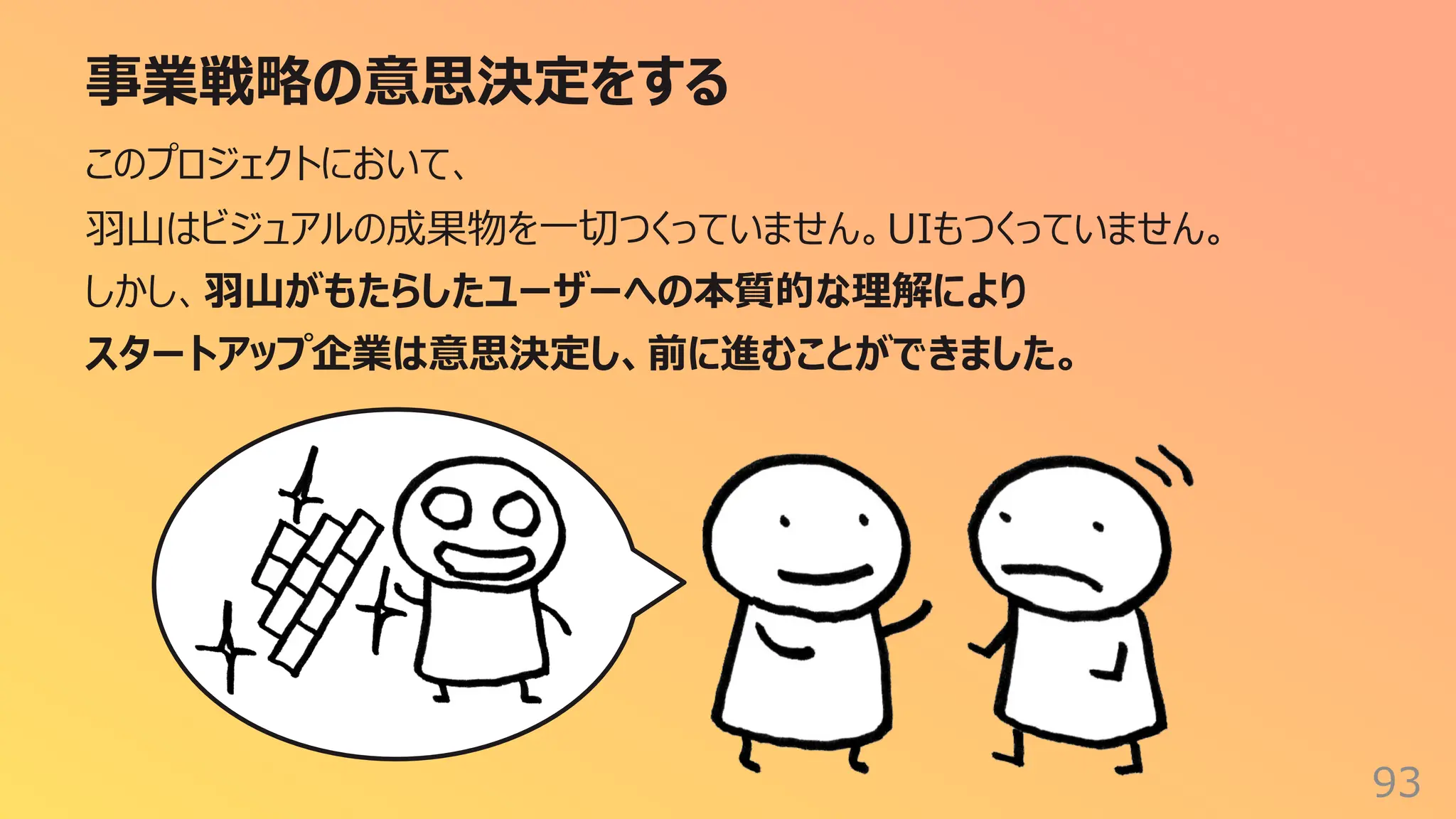 事業戦略の意思決定をする
93
このプロジェクトにおいて、
⽻⼭はビジュアルの成果物を⼀切つくっていません。UIもつくっていません。
しかし、⽻⼭がもたらしたユーザーへの本質的な理解により
スタートアップ企業は意思決定し、前に進むことができました。
 