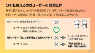 分析に使えるのはユーザーの発⾔だけ
104
分析に使えるのは、ユーザーの発⾔だけです。モデレーターの発⾔は含めません。
モデレーターの発⾔は 「誘導（⾔わせている）」 かもしれないからです。
モデレーター: 資格を取るきっかけは︖
ユーザー: 会社の推奨資格だったから。
昇格に必要なんです。
モデレーター: 取ったら報奨⾦が出るんですか︖
ユーザー: はい。
ユーザーの発⾔でない
分析には使えない
「報奨⾦が出る」は
分析材料にならない
 