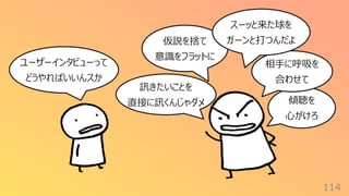 訊きたいことを
直接に訊くんじゃダメ
114
仮説を捨て
意識をフラットに
ユーザーインタビューって
どうやればいいんスか
傾聴を
⼼がけろ
相⼿に呼吸を
合わせて
スーッと来た球を
ガーンと打つんだよ
 