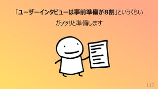 117
「ユーザーインタビューは事前準備が8割」というくらい
ガッツリと準備します
 