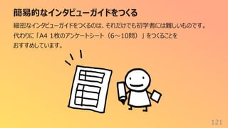 簡易的なインタビューガイドをつくる
121
細密なインタビューガイドをつくるのは、それだけでも初学者には難しいものです。
代わりに 「A4 1枚のアンケートシート（6〜10問）」 をつくることを
おすすめしています。
 