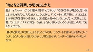 「軸となる質問」の切り出しかた
131
⽻⼭︓(アンケートの)この5番の質問なんですけど、TOEIC860点取ろうと思われ
たきっかけを教えていただきたいというところで、アンケートでは「洋画にハマったことを
きっかけに海外留学や給与Upなどに優位に働くのではないかと思い、受験した」と
書いていただいたんですけども、こちら、もう少し詳しくどういうことかお話いただいても
よろしいですか。
「軸となる質問」の切り出しかたはシンプルです。「アンケートに書いた回答がどういう
ことか、もう少し詳しく話してください」と切り出します。ユーザーの話すきっかけをつく
ります。
 