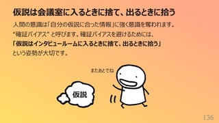 仮説は会議室に⼊るときに捨て、出るときに拾う
136
⼈間の意識は「⾃分の仮説に合った情報」に強く意識を奪われます。
“確証バイアス” と呼びます。確証バイアスを避けるためには、
「仮説はインタビュールームに⼊るときに捨て、出るときに拾う」
という姿勢が⼤切です。
仮説
またあとでね
 
