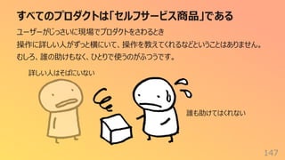 すべてのプロダクトは「セルフサービス商品」である
147
ユーザーがじっさいに現場でプロダクトをさわるとき
操作に詳しい⼈がずっと横にいて、操作を教えてくれるなどということはありません。
むしろ、誰の助けもなく、ひとりで使うのがふつうです。
誰も助けてはくれない
詳しい⼈はそばにいない
 