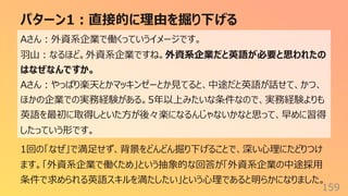 パターン1︓直接的に理由を掘り下げる
159
Aさん︓外資系企業で働くっていうイメージです。
⽻⼭︓なるほど。外資系企業ですね。外資系企業だと英語が必要と思われたの
はなぜなんですか。
Aさん︓やっぱり楽天とかマッキンゼーとか⾒てると、中途だと英語が話せて、かつ、
ほかの企業での実務経験がある。5年以上みたいな条件なので、実務経験よりも
英語を最初に取得しといた⽅が後々楽になるんじゃないかなと思って、早めに習得
したっていう形です。
1回の「なぜ」で満⾜せず、背景をどんどん掘り下げることで、深い⼼理にたどりつけ
ます。「外資系企業で働くため」という抽象的な回答が「外資系企業の中途採⽤
条件で求められる英語スキルを満たしたい」という⼼理であると明らかになりました。
 