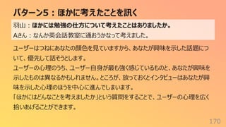 パターン5︓ほかに考えたことを訊く
170
⽻⼭︓ほかには勉強の仕⽅について考えたことはありましたか。
Aさん︓なんか英会話教室に通おうかなって考えました。
ユーザーはつねにあなたの顔⾊を⾒ていますから、あなたが興味を⽰した話題につ
いて、優先して話そうとします。
ユーザーの⼼理のうち、ユーザー⾃⾝が最も強く感じているものと、あなたが興味を
⽰したものは異なるかもしれません。ところが、放っておくとインタビューはあなたが興
味を⽰した⼼理のほうを中⼼に進んでしまいます。
「ほかにはどんなことを考えましたか」という質問をすることで、ユーザーの⼼理を広く
拾いあげることができます。
 