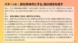 パターン6︓話を具体的にする/話の続きを促す
174
Bさん︓そういう積み重ねの段階で、本当に成⻑してるのかな、というところで、挫折する⼈は、⾃分も
含めてですけど、ちょっと多いのかなとは思っていて。そういうところで、アンケートに回答させてもらいました
ね。
⽻⼭︓本当に成⻑してるのか、挫折することがある。
Bさん︓途中でちょっとやめちゃうことも。⽣徒なんか本当にそうですね。勉強する意味も⾒いだせない。
やっても結果が出ないとかってなってくると、やっぱりもうやめましたみたいなのはよくあるかなとは思います
ね。よく単語帳とかをやりましょうって話をするんですけど、もちろんTOEICとかでも単語帳とかっていうの
は、絶対やりましょうみたいな形で何冊も出てるじゃないですか。⾦とパス単(⽻⼭註︓『TOEIC L &
R TEST 出る単特急 ⾦のフレーズ』と『英検でる順パス単』のこと)とか、そんなの出てると思うんですけ
ど、結局それをやったところで、出るかと⾔われれば出ないことの⽅が多いと思うので、もちろんたくさん出
ることもありますけど、やったものが100%って⾔ったら、ほかの試験も変わらないと思うんですけど、やっぱ
りこう出るものは限られてるので、そういったところで成⻑を感じづらい部分は、とくに初級の初学者の⼈
たちには多いのかなと思います。
 