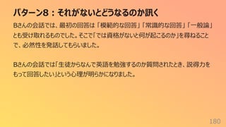 パターン8︓それがないとどうなるのか訊く
180
Bさんの会話では、最初の回答は 「模範的な回答」 「常識的な回答」 「⼀般論」
とも受け取れるものでした。そこで「では資格がないと何が起こるのか」を尋ねること
で、必然性を発話してもらいました。
Bさんの会話では「⽣徒からなんで英語を勉強するのか質問されたとき、説得⼒を
もって回答したい」という⼼理が明らかになりました。
 