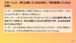パターン12︓何と⽐較しているのか訊く／何を期待していたの
か訊く
192
ユーザー︓参考書を買いに本屋に⾏きました。でも並んでいたやつを⾒て、これな
らいらないやと思って、買わないで帰りました。
モデレーター︓いま「これならいらないや」とおっしゃいました。たぶん脳内に欲しいも
ののイメージがあって、それと⽐較していたんだと思うのですが、どんなものを浮
かべていたんですか︖
ユーザー︓なにか具体的に決めていたわけじゃないんですけど・・・本当に基礎から
学べるような、⼩学⽣が英語を学ぶようなものがよかったんですよね。
 