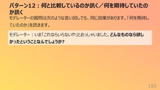 パターン12︓何と⽐較しているのか訊く／何を期待していたの
か訊く
193
モデレーターの質問は次のような⾔い回しでも、同じ効果があります。「何を期待し
ていたのか」を訊きます。
モデレーター︓いま「これならいらないや」とおっしゃいました。どんなものなら欲し
かったということなんでしょうか?
 