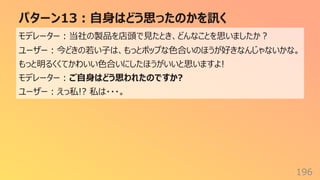 パターン13︓⾃⾝はどう思ったのかを訊く
196
モデレーター︓当社の製品を店頭で⾒たとき、どんなことを思いましたか︖
ユーザー︓今どきの若い⼦は、もっとポップな⾊合いのほうが好きなんじゃないかな。
もっと明るくくてかわいい⾊合いにしたほうがいいと思いますよ!
モデレーター︓ご⾃⾝はどう思われたのですか?
ユーザー︓えっ私!? 私は・・・。
 