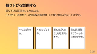 掘り下げる質問する
216
掘り下げる質問をしてみましょう。
インタビューのなかで、次の4枚の質問カードを使い切るようにしてください。
〜はなぜです
か。
〜はなぜです
か。
他の選択肢
でなく〜なの
はなぜですか。
他にはどんな
ことを考えまし
たか。
 