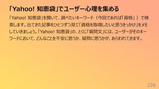 「Yahoo! 知恵袋」でユーザー⼼理を集める
228
「Yahoo! 知恵袋」を開いて、調べたいキーワード（今回であれば「資格」 ）で検
索します。出てきた記事をひとつずつ⾒て「資格を取得したいと思うきっかけ」をメモ
していきましょう。「Yahoo! 知恵袋」の、とくに「質問⽂」には、ユーザーがそのキー
ワードにおいて、どんなことを不安に思うか、疑問に思うかが、あらわれてきます。
 