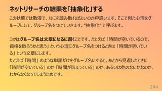 ネットリサーチの結果を「抽象化」する
244
この状態では散漫で、なにを読み取ればよいのか⼾惑います。そこで似た⼼理をグ
ループにして、グループ名をつけていきます。“抽象化” と呼びます。
コツはグループ名は⽂章になるに書くことです。たとえば 「時間が空いているので、
資格を取ろうかと思う」 という⼼理にグループ名をつけるときは 「時間が空いてい
る」 という⽂章にします。
たとえば 「時間」 のような単語だけをグループ名にすると、あとから⾒返したときに
「時間が空いている」 のか 「時間が詰まっている」 のか、あるいは他のなにかなのか、
わからなくなってしまうためです。
 