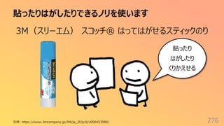 貼ったりはがしたりできるノリを使います
276
3M（スリーエム） スコッチ® はってはがせるスティックのり
引⽤: https://www.3mcompany.jp/3M/ja_JP/p/d/v000453589/
貼ったり
はがしたり
くりかえせる
 